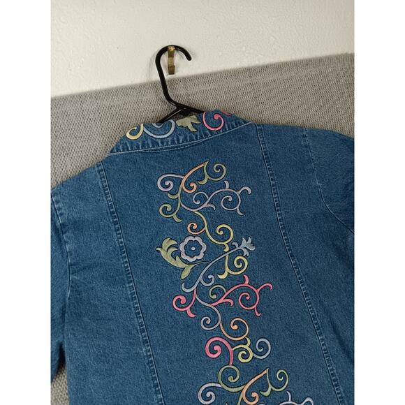 Denim & Co. Vintage Denim Shirt Chore Womens Medium Blue Floral Embroidered Y2K - Picture 7 of 11